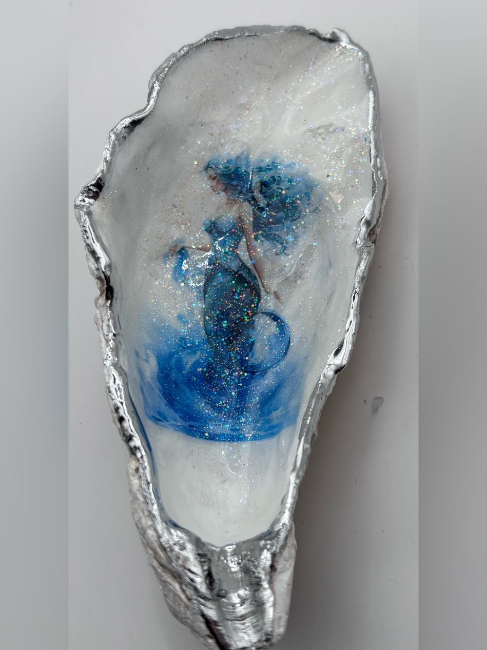 Blue Mermaid Resin Oyster Shell Trinket Dish- Handcrafted Home Decor - Picture 2 of 4